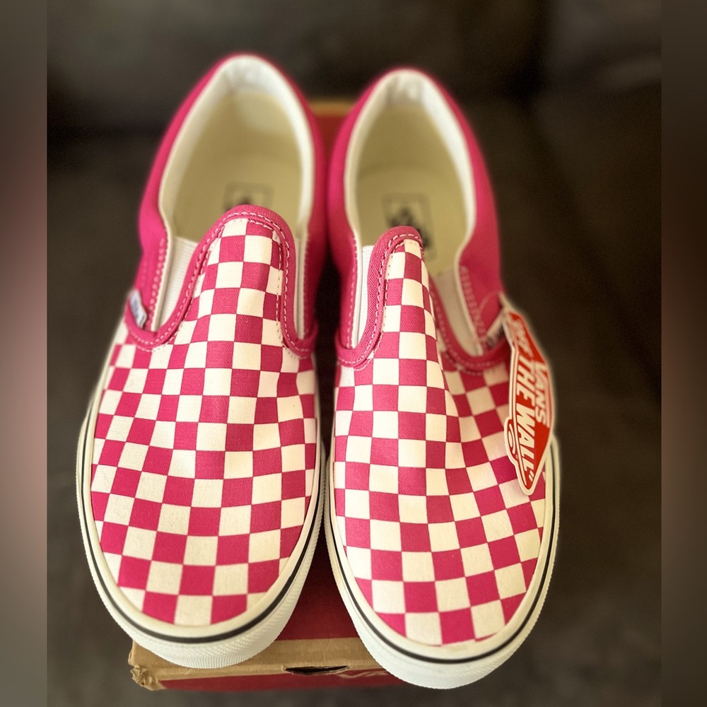 Pink and white checked slip on Vans! Brand new and never worn! Size 5.5y